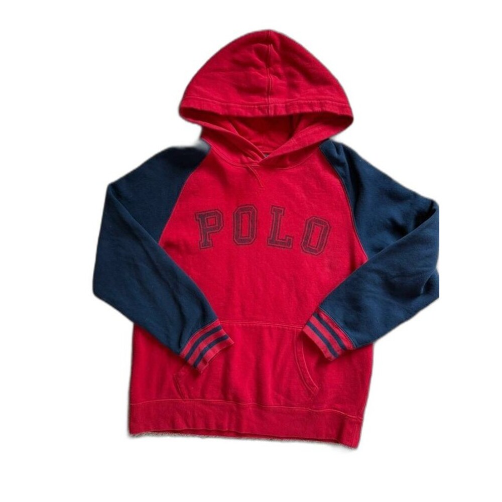 Polo Ralph Lauren Boys Hoodie Large 14-16 Red Blue Spellout Pullover Sweatshirt